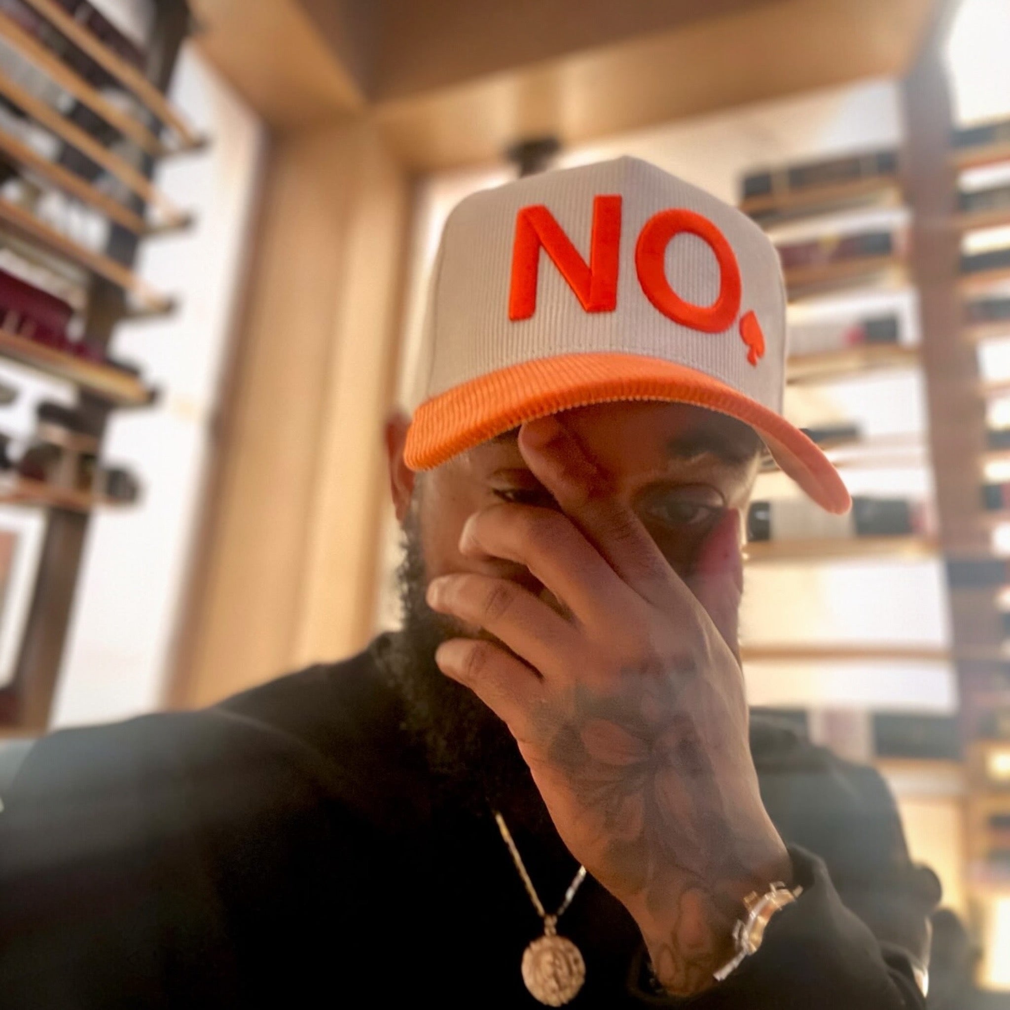 "NO" A-FRAME HAT (CREAM/ORANGE)